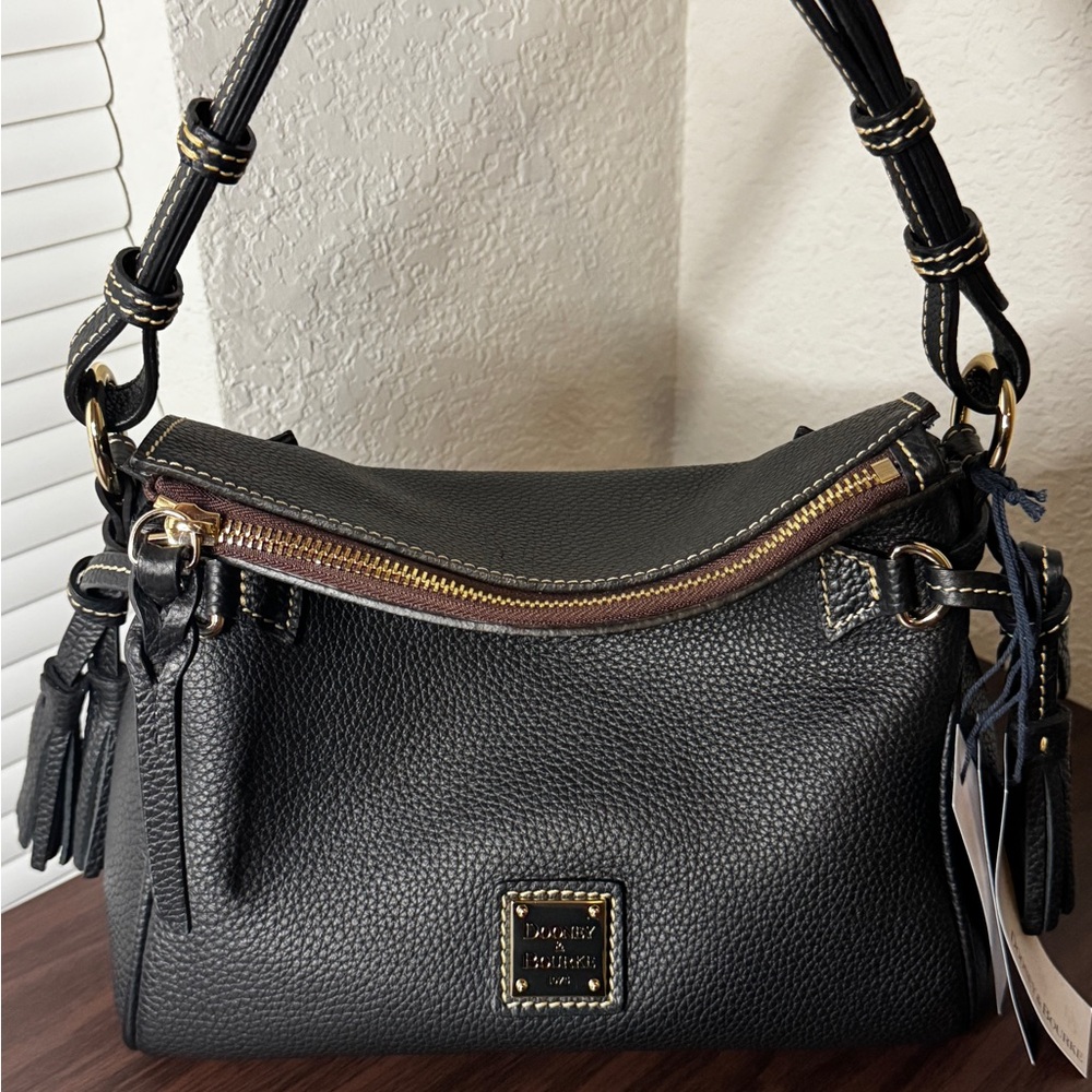 NEW! Dooney & Bourke Black Leather Tassel. Shoulder Bag with Gold Accents